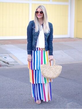 New York & Company Multicolor Vertical Stripe Tiered Maxi Skirt